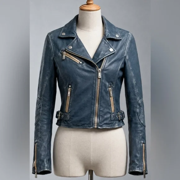Mauritius Teal Leather Moto Jacket Cropped Biker Gold Hardware Small - Picture 2 of 11